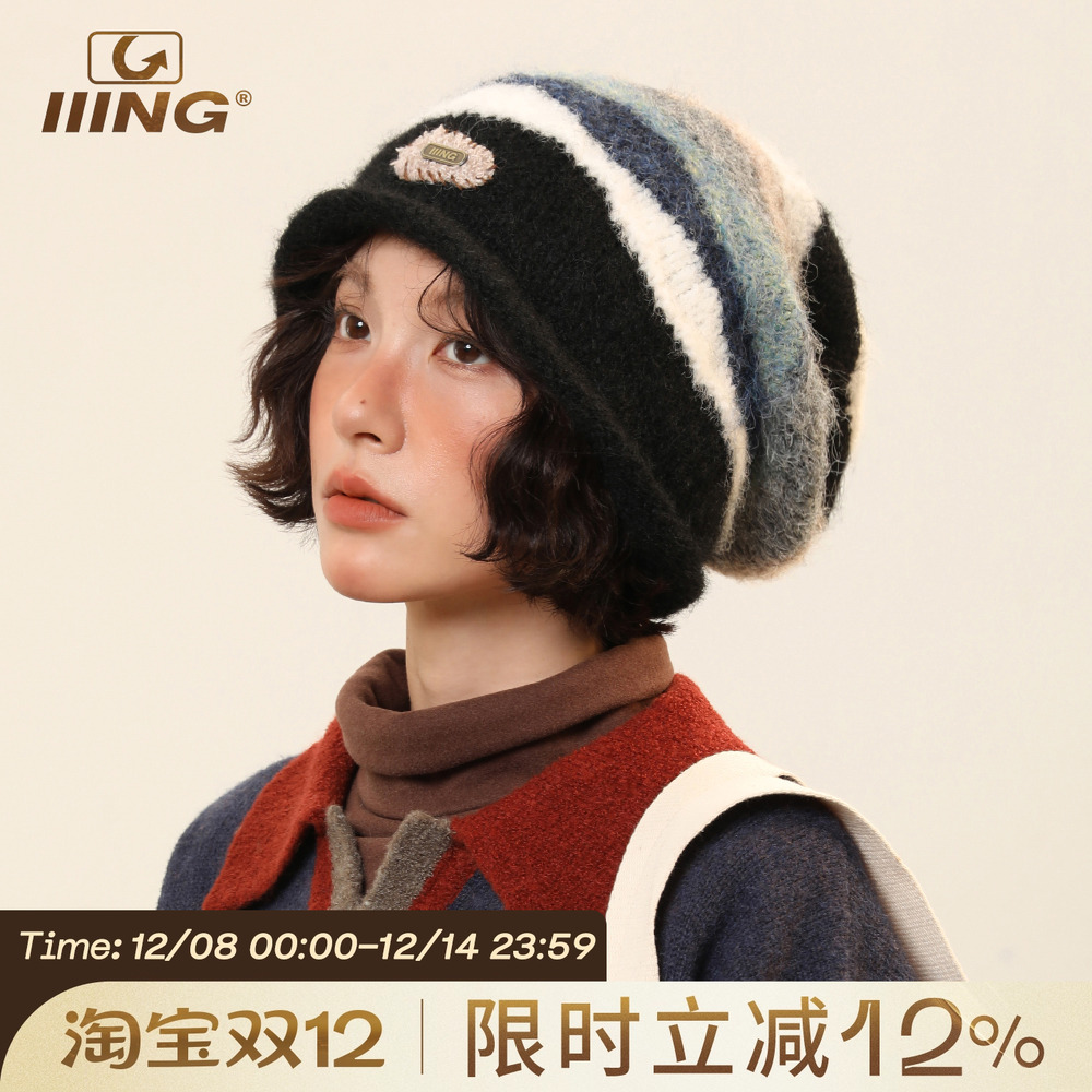 IIING帽控复古条纹显脸小堆堆帽