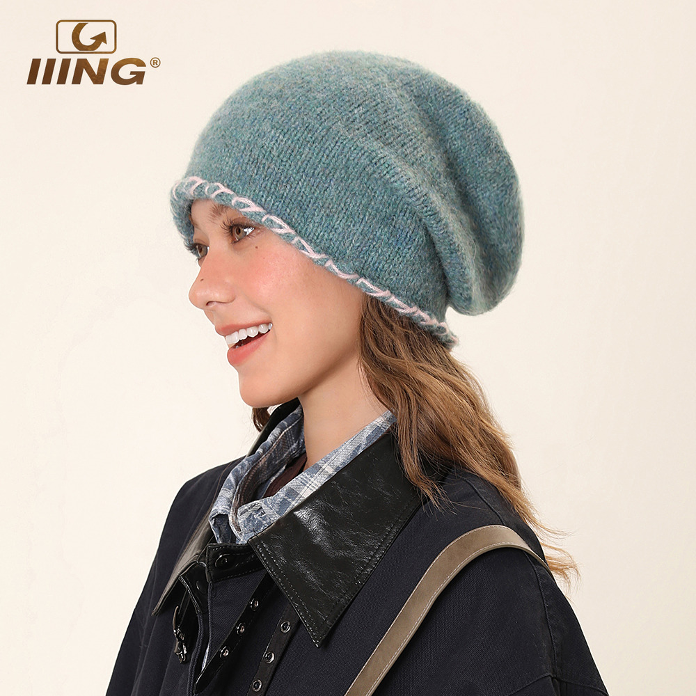 湖蓝色锁边减龄针织堆堆帽