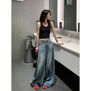 松SXI四喜家春夏I 直筒SXTH0420显瘦阔腿 复古水洗抓痕牛仔女宽裤