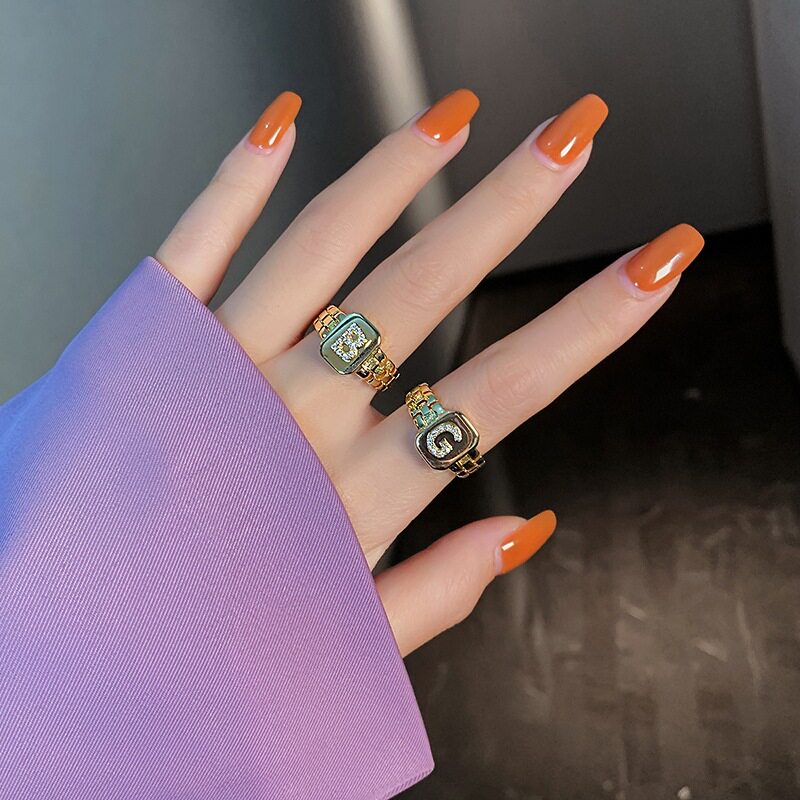 欧美嘻哈饰品戒指字母系列镀金锆石表带设计开口玫瑰金活口设计