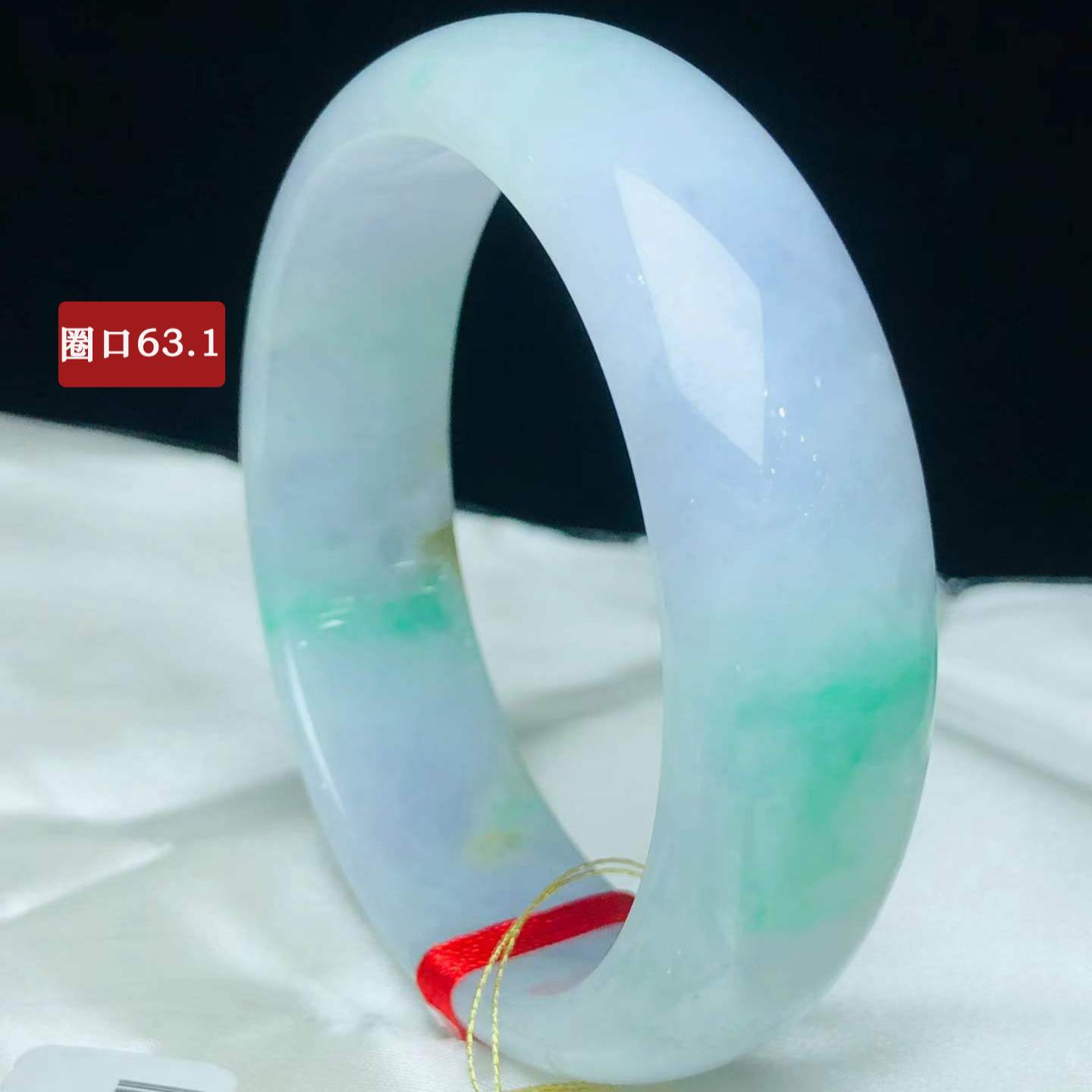 天然 A 货春带彩翡翠手镯 糯冰种飘绿紫底 正圈平安镯 圈口63.1