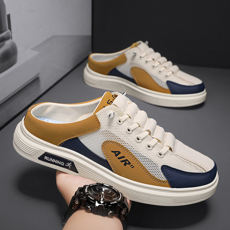 夏季男士透气运动休闲板鞋学生网面一脚蹬懒人鞋软底无后跟半拖鞋