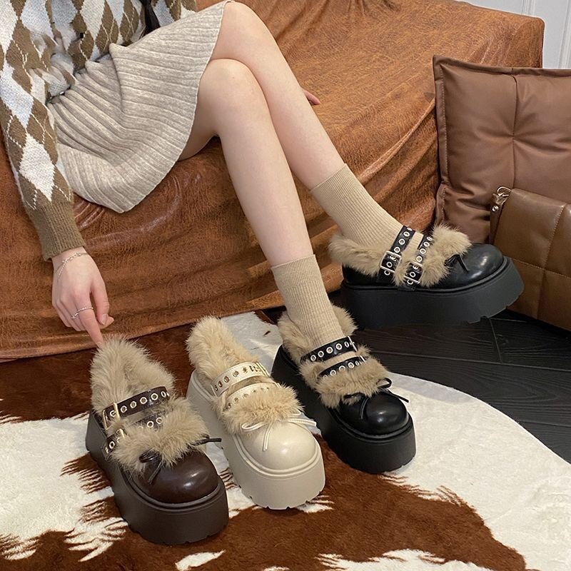 厚底加绒乐福小皮鞋2026冬季新款小个子增高勃肯鞋毛毛玛丽珍鞋女