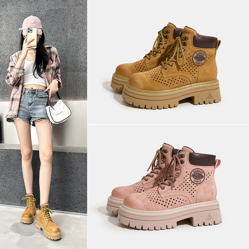 潮爆ins夏季限定镂空马丁靴女新款户外登山大黄靴头层猪皮工装