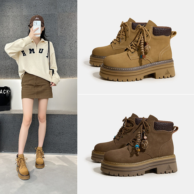 牛皮马丁靴女秋季新款厚底内增高短筒靴复古百搭色徒步登山靴子