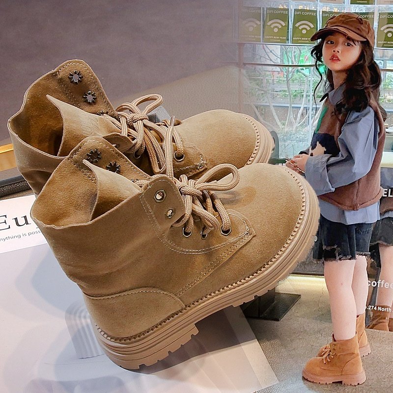 2025春秋时尚单靴男女童两穿翻毛皮短靴中大童小童平底舒适马丁靴