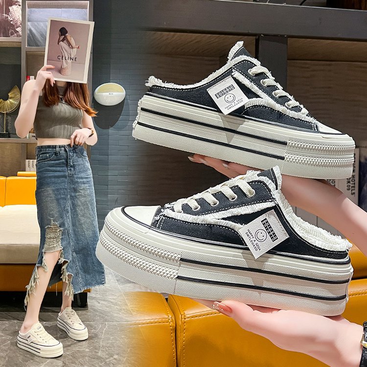 松糕厚底包头半拖帆布鞋女2025新款夏季外穿百搭增高休闲小白板