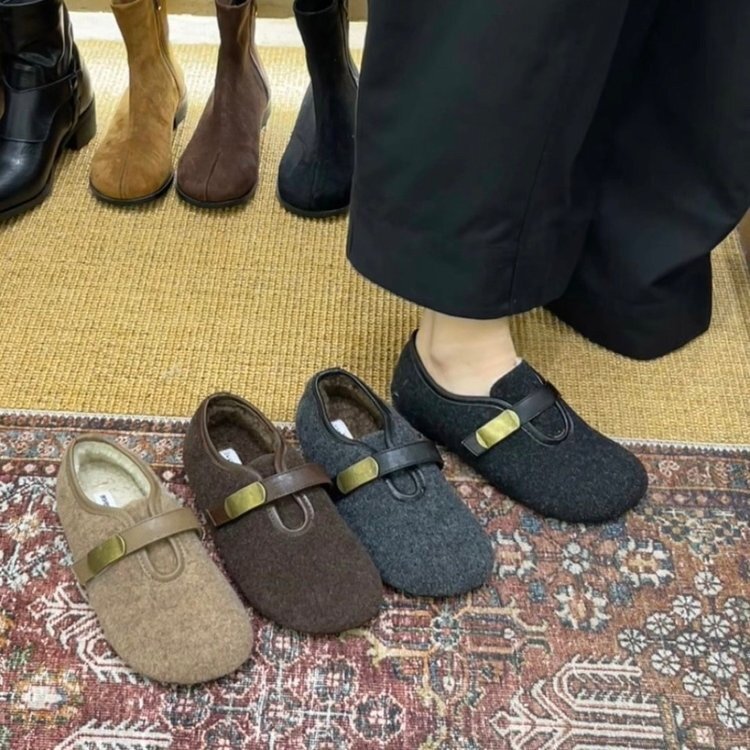 厚底毛呢勃肯鞋女外穿秋冬季加绒棉鞋毛毛鞋软底保暖玛丽珍豆豆鞋