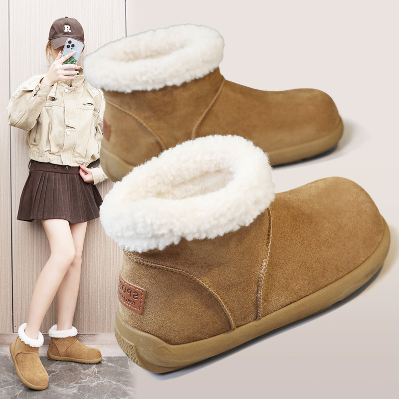 羊羔毛翻边雪地靴女2025冬季新款加绒保暖勃肯短靴复古棉靴子