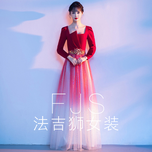 新选大合唱团f演出服成人指挥服装主持人晚礼服冬季长袖酒红色连