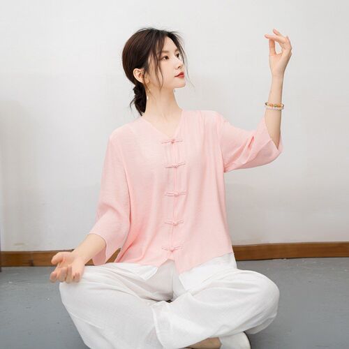 新款春夏棉麻太极服开衫两件套女V领禅J修打坐练功瑜伽服禅意禅茶