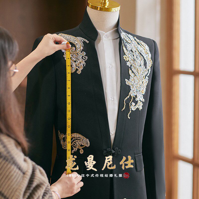 新款新款男士结婚礼o服接亲敬酒新中式套装龙纹刺绣中山装复古唐