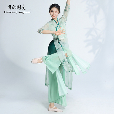 新选古典绿色旗袍舞蹈服飘逸女中国舞弹H力纱衣练功服表演服演出