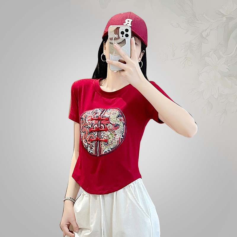 精选新款夏季广场舞服装上v衣短袖刺绣中国风舞台大妈健身操曳步