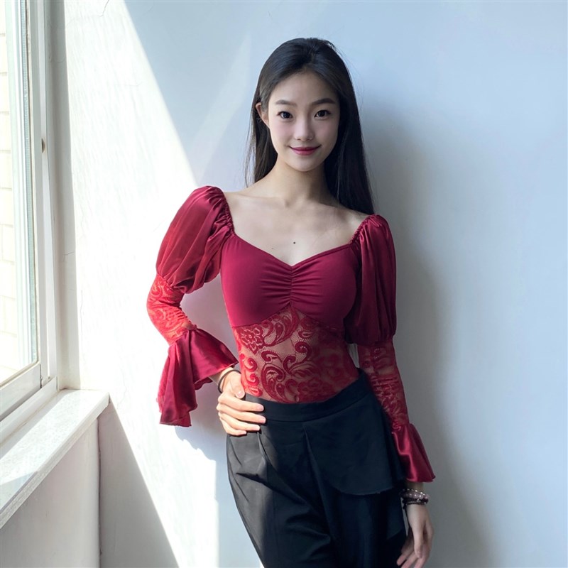 新款nalii舞服摩登舞服新款练功服演出服班O服黑酒红色喇叭袖蕾丝