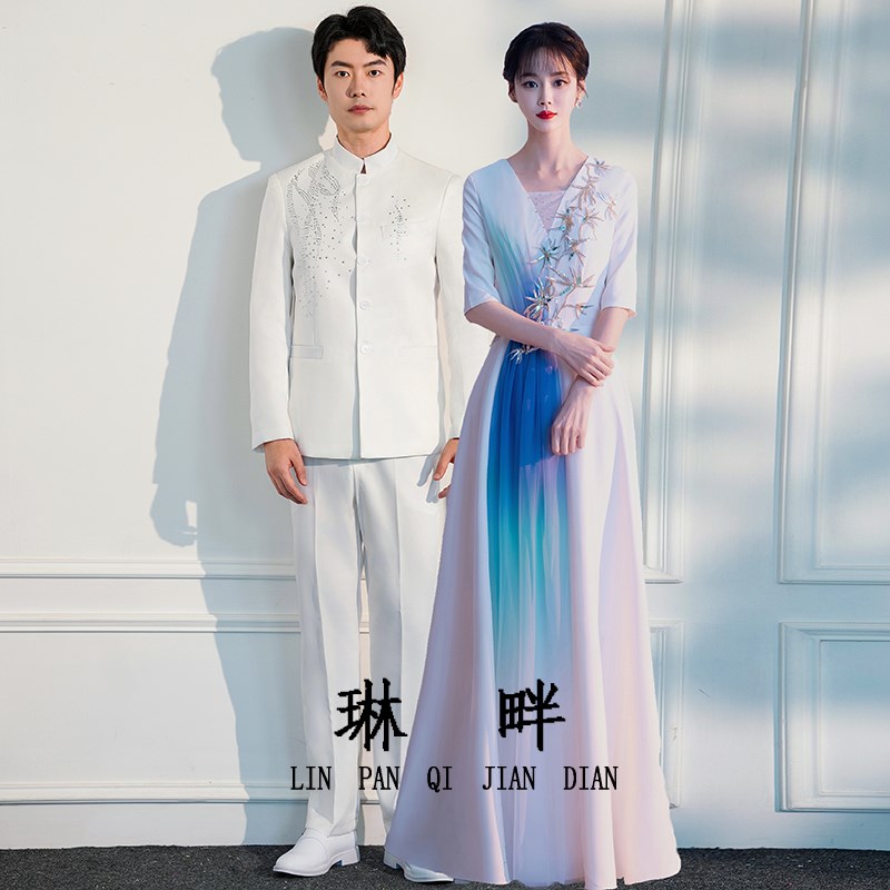 新选大合b唱团演出服女款长裙成人古筝指挥服男款中山装比赛表演