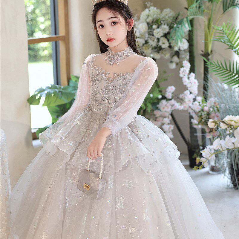 新款灰色儿d童礼服轻奢小众高端生日花童公主裙女童主持人钢琴表