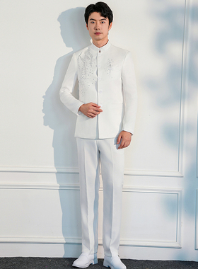 新品白色中山装诗歌朗q诵指挥表演礼服男士歌手司仪主持人大合唱