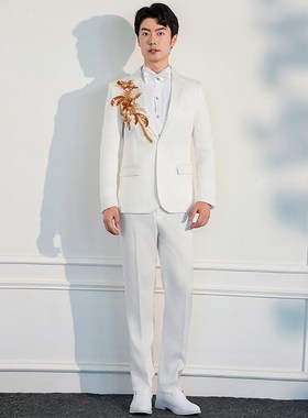 新选白色指挥舞台西服歌手演出服男E款司仪主持大合唱礼服男士西