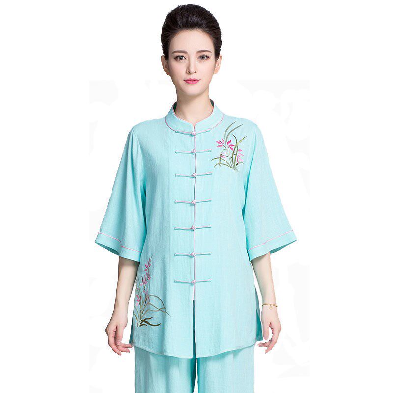 新款古韵中华短袖棉麻太极服女时C尚刺绣亚麻武术服练功服中国风图片