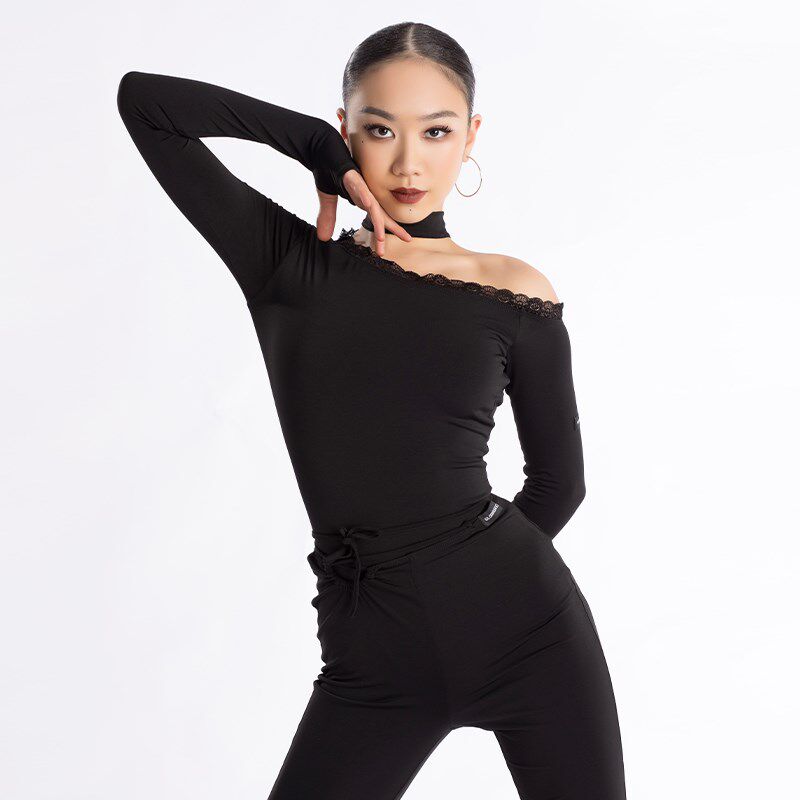 新品歌瑞a亚拉丁舞服秋冬新款女成人舞蹈训练功服斜肩挂脖长袖上