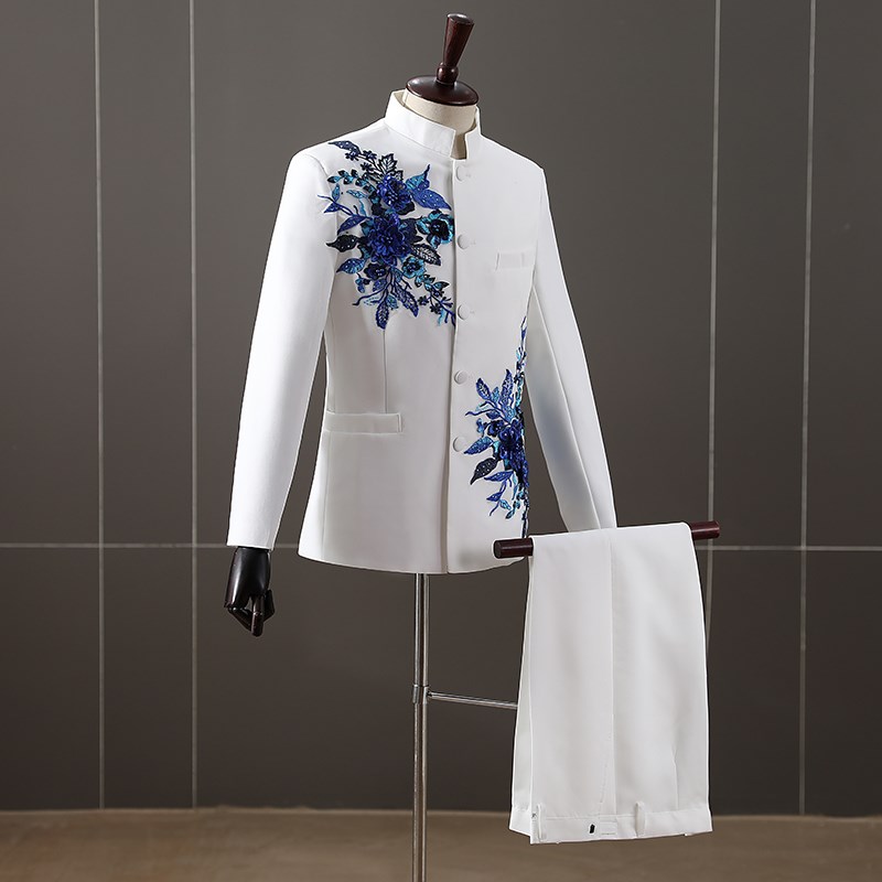 精选白色中e山装舞台演出服男装五四青年装学生主持人大合唱服装