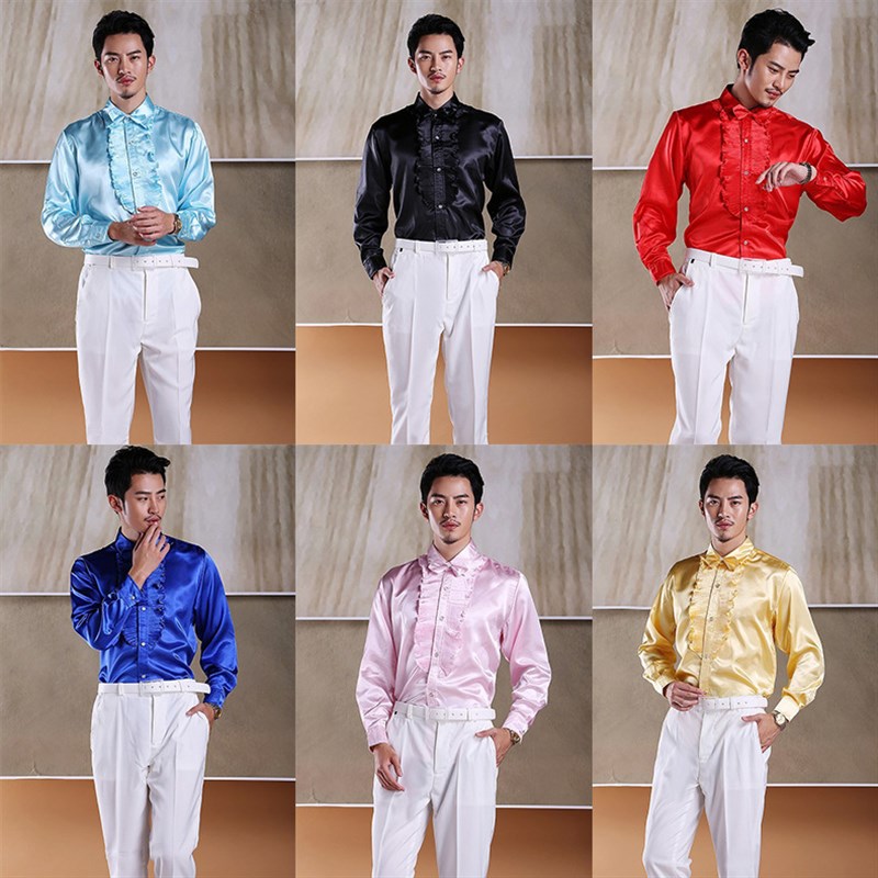 新选演出男衬衫彩色花边领宽松团体合H唱表演服装影楼舞台男装长图片