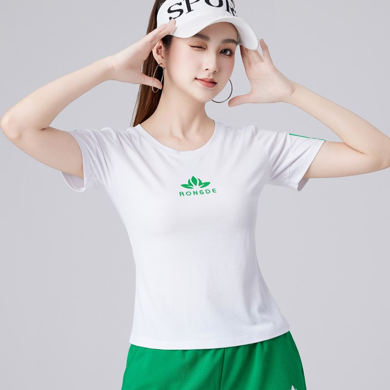 新选杨丽萍广场舞运动服装 夏季短袖上衣 红色圆领Vt恤跳操服绿色