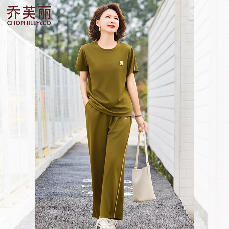 新选中老年运动休闲套装女50多岁妈妈夏K装短袖T恤洋气大码广场舞