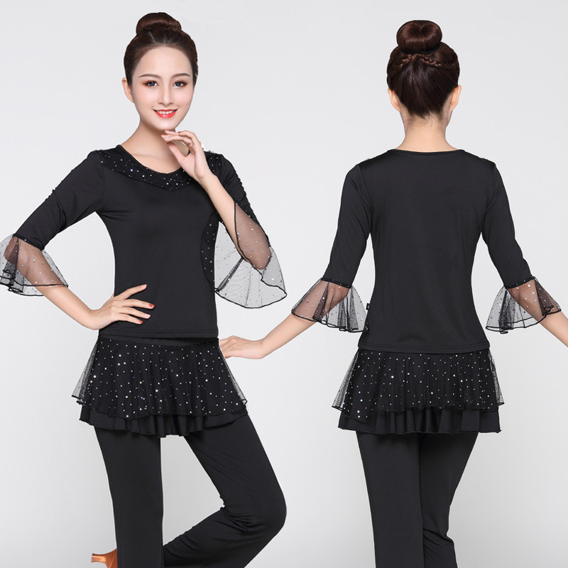 新选广场舞服装新款套装夏t秋季蕾丝短袖练功女成人牛奶丝运动舞
