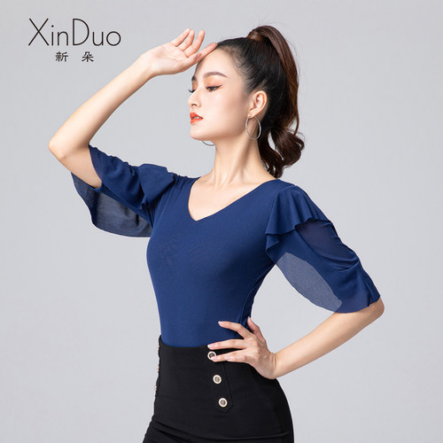 新选拉丁舞练功服上衣女x成年新款国标舞摩登舞连体服中袖舞蹈