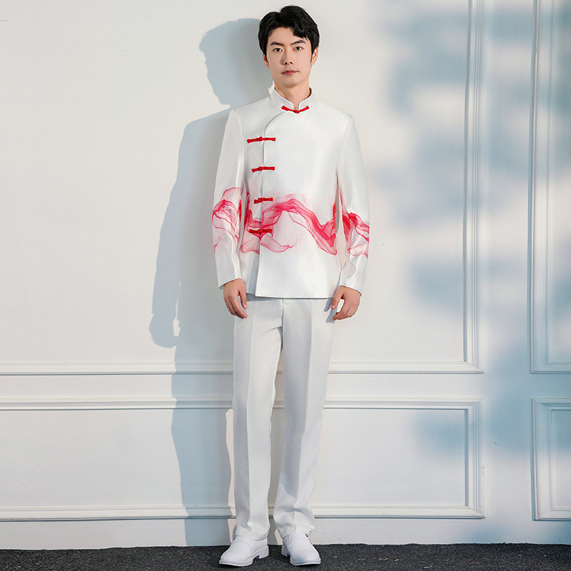 新选合唱团演出服男装p中国风民族乐器男女款舞台演出服装学生红图片