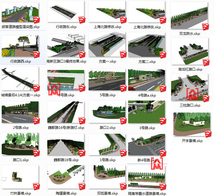现代城市道路景观两侧绿化带景观带人行道规划铺装景观设计su模型