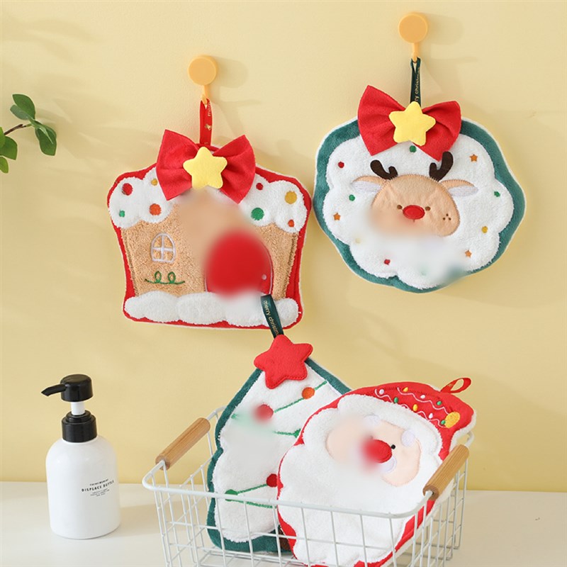 跨境新品圣诞擦手巾可挂可爱擦手毛巾家用珊瑚绒毛巾圣诞树擦手巾