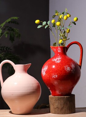 时尚小清新红色陶瓷奶壶花瓶摆件客厅插干花餐桌中式创意装饰摆件