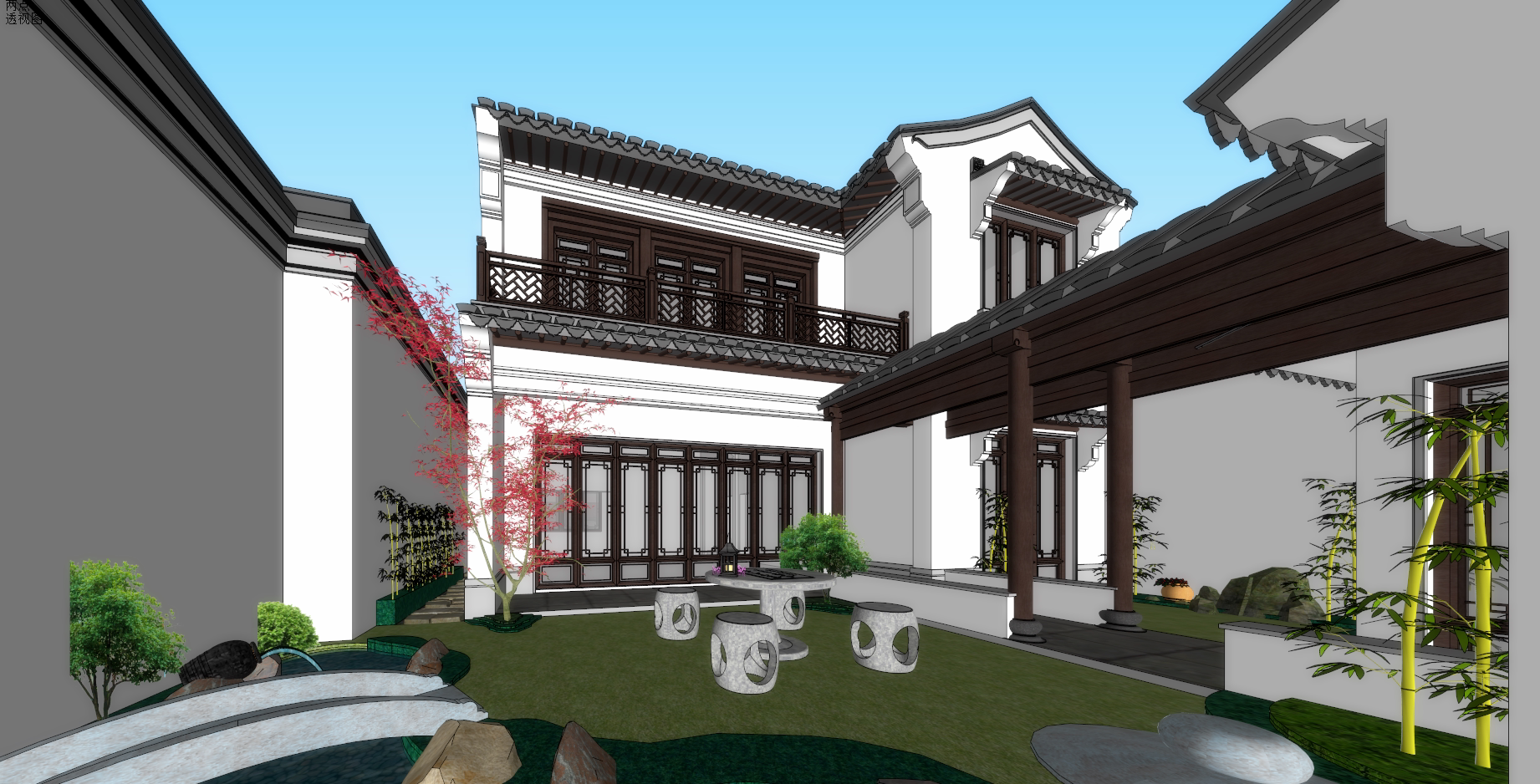 桃花源式中式小别墅新农村自建房屋四合院住宅草图大师建筑su模型