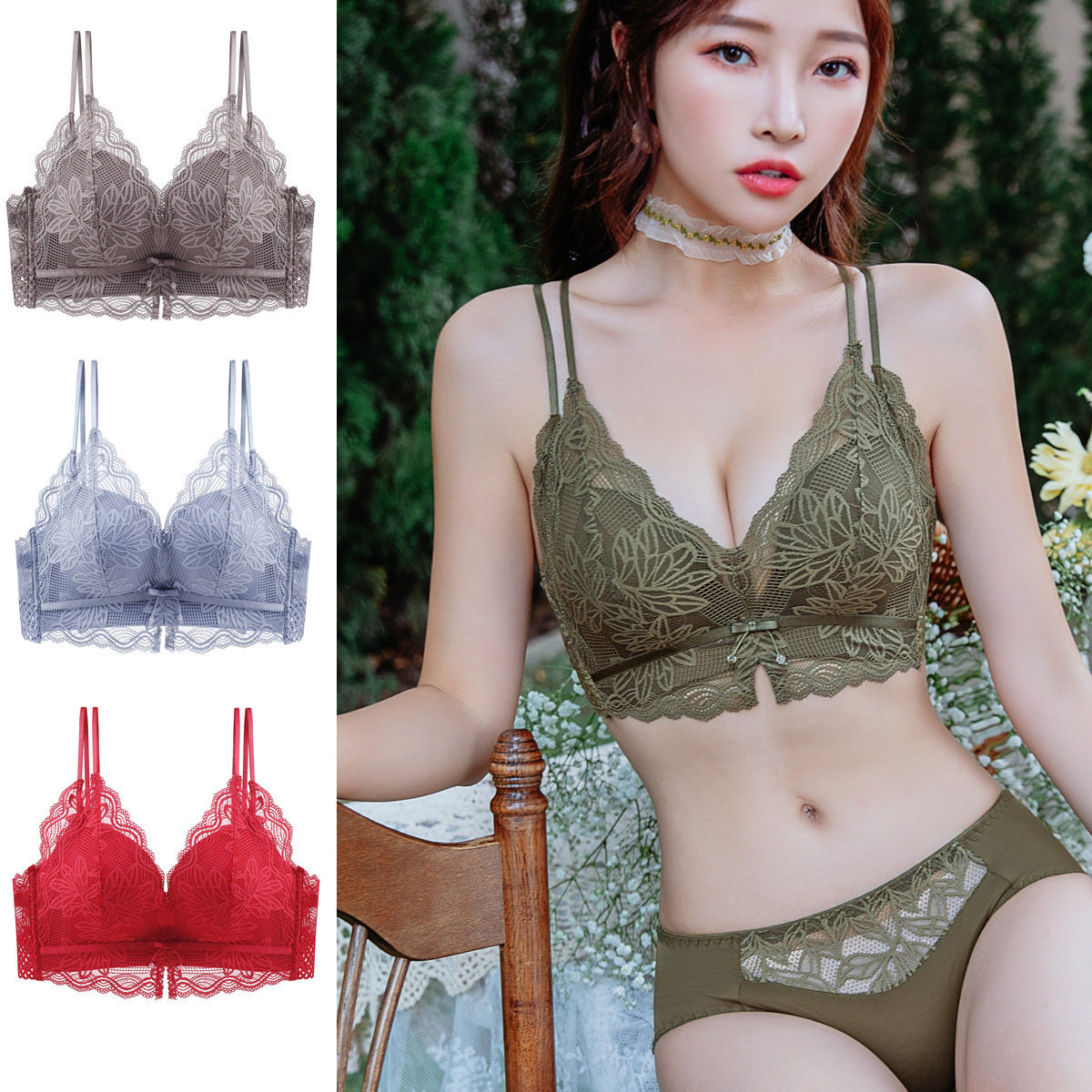 新款内衣少女聚拢小胸加厚5cm无钢圈文胸蕾丝美背调整型胸罩套装