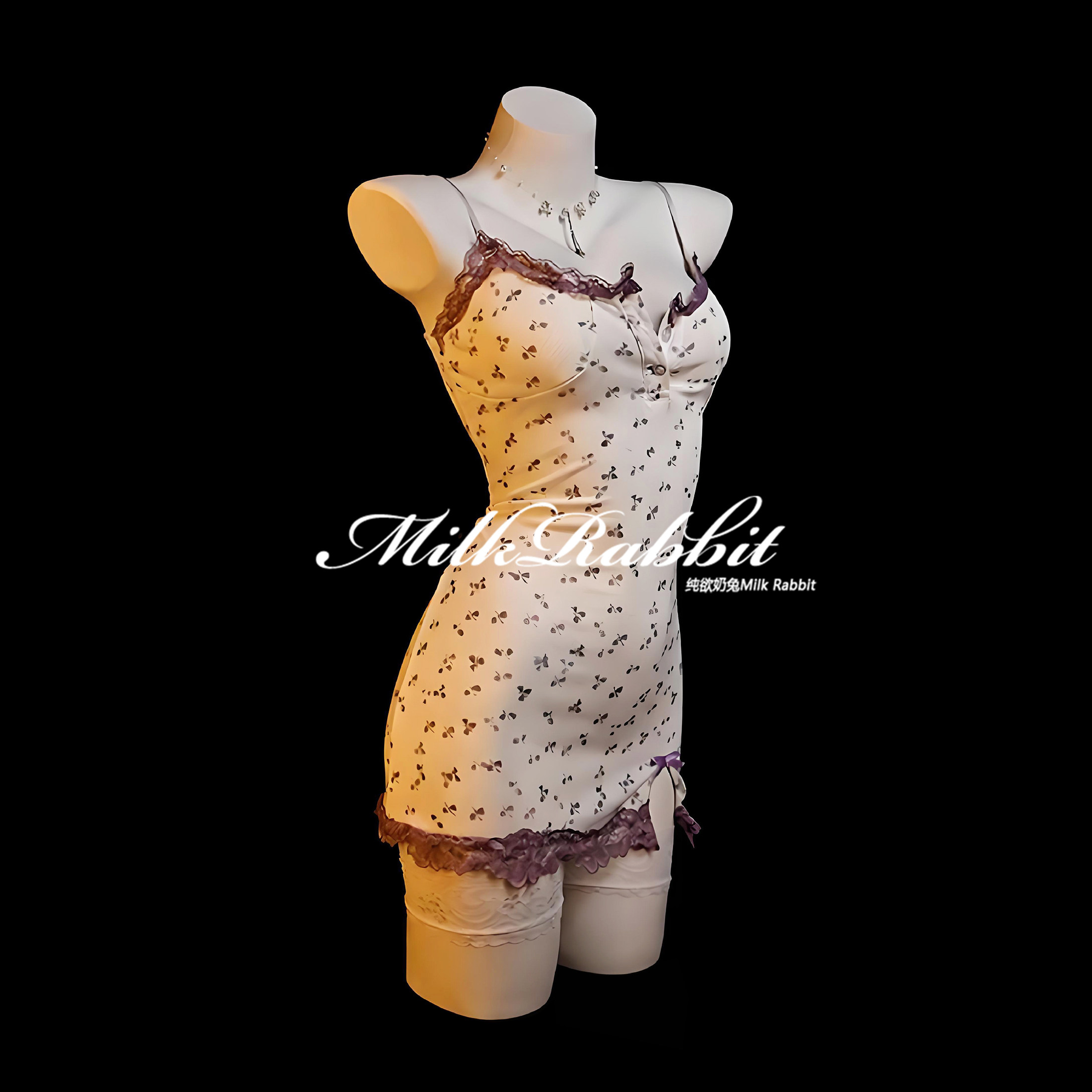 Cy奶兔「紫风铃」碎花性感睡裙蕾丝带胸垫甜美清纯内衣情纯欲qqny