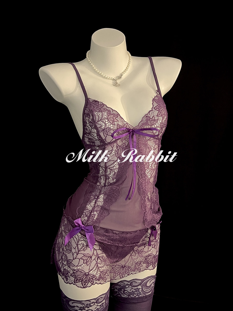 Cy奶兔「迷情曼陀罗」深紫色蕾丝绑带性感半透视吊带睡裙约会穿搭