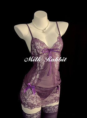 Cy奶兔「迷情曼陀罗」深紫色蕾丝绑带性感半透视吊带睡裙约会穿搭