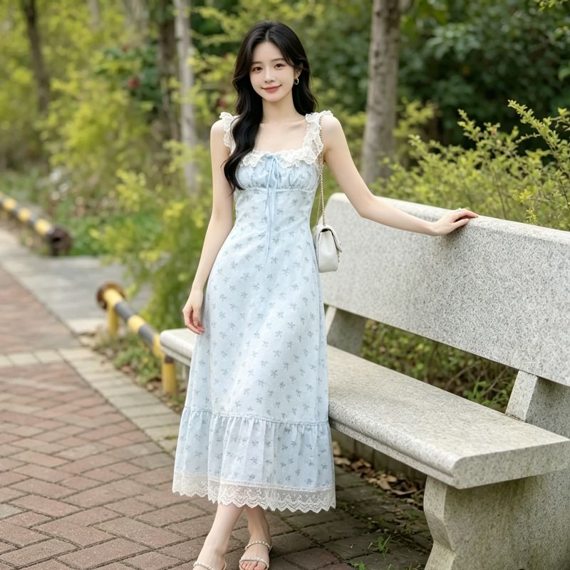 蓝色蕾丝吊带碎花连衣裙子女夏季2026新款高级感气质海边度假长裙