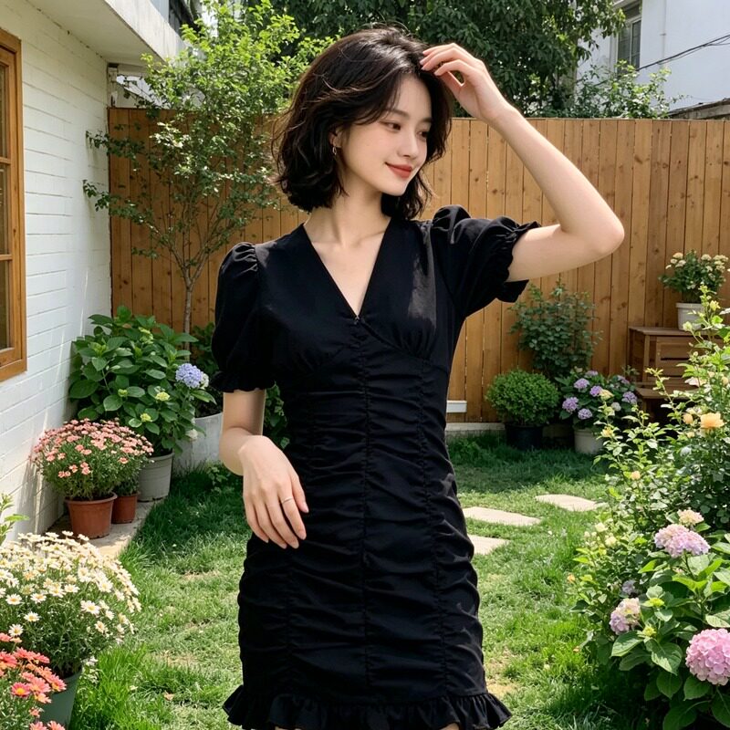 欧洲站夏季纯欲收腰小个子V领连衣裙女设计感修身鱼尾包臀中短裙