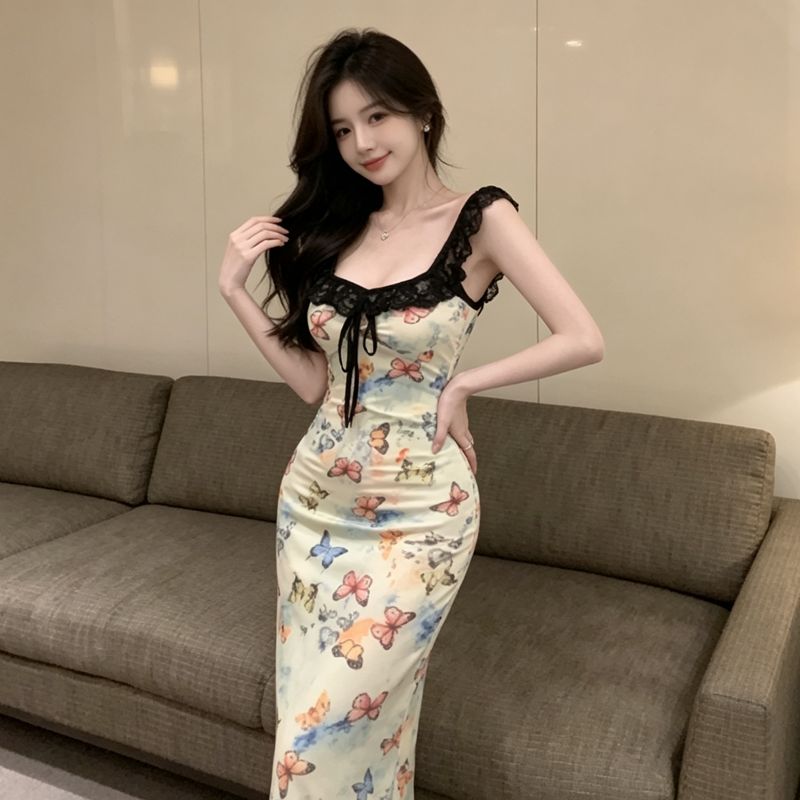 法式蕾丝拼接吊带连衣裙女夏辣妹性感碎花包臀裙海边度假背心裙子