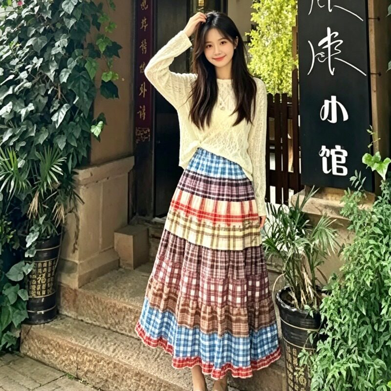 2026新款夏季民族风彩色格纹拼接半身裙古着森系旅游穿搭大摆长裙