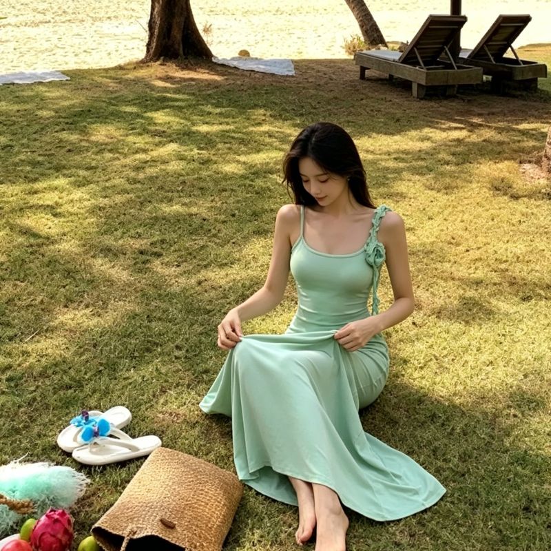 薄荷曼波绿色吊带连衣裙女夏季收腰修身裙子性感紧身包臀鱼尾长裙