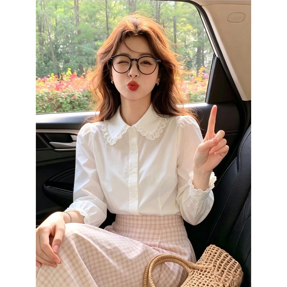 韩系别致减龄娃娃领白色衬衫女秋季2026甜美蕾丝花边显瘦打底衬衣