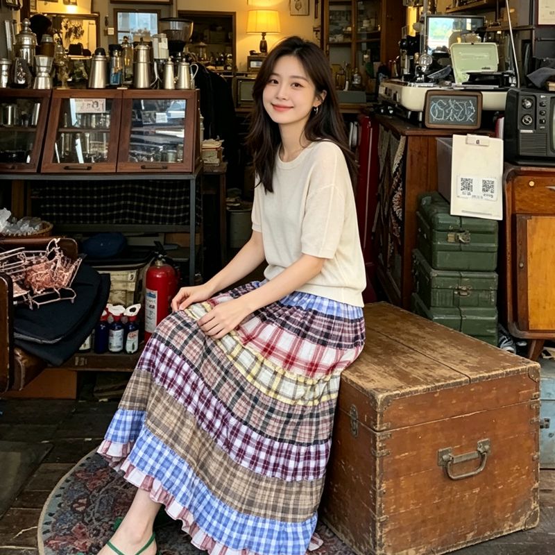 彩色格纹拼接半身裙古着森系旅游穿搭大摆长裙2026新款夏季民族风