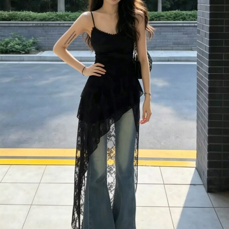 不规则黑色蕾丝吊带连衣裙女夏季海边度假绝美气质收腰修身长裙子