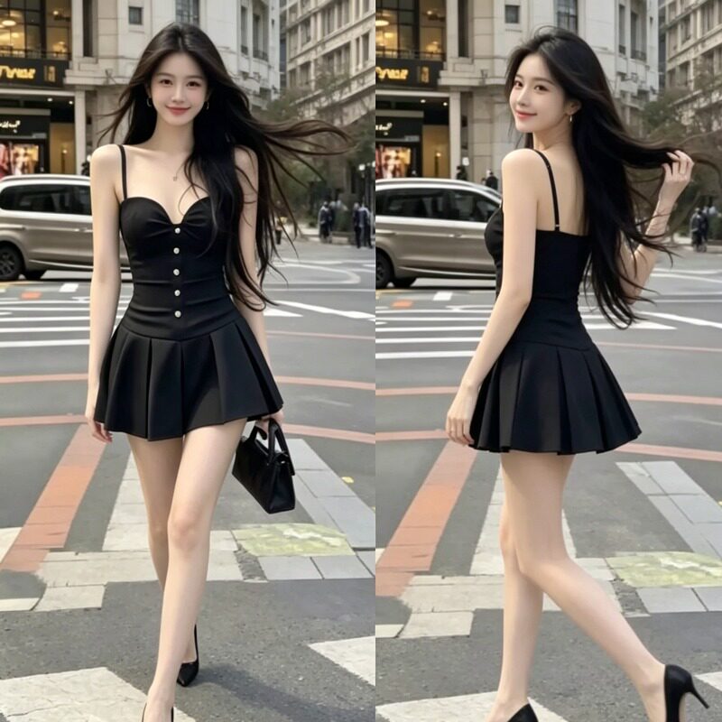 小众优黑色低领吊带连衣裙女2025新款气质名媛收腰百褶A字裙