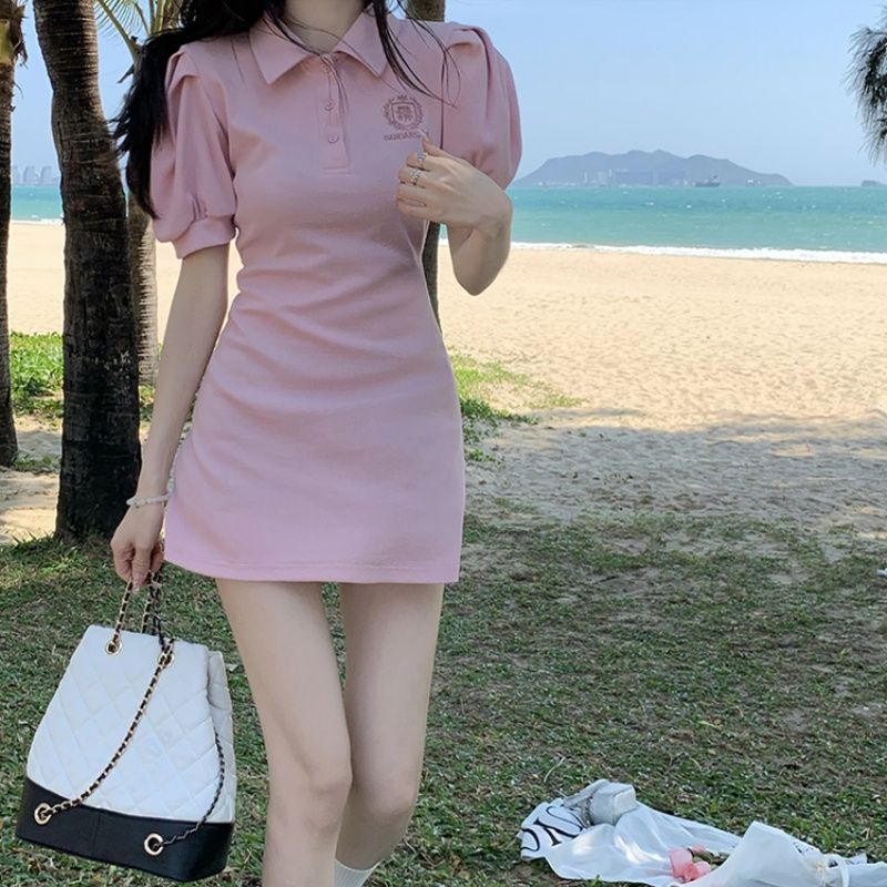 polo领粉色t恤裙包臀连衣